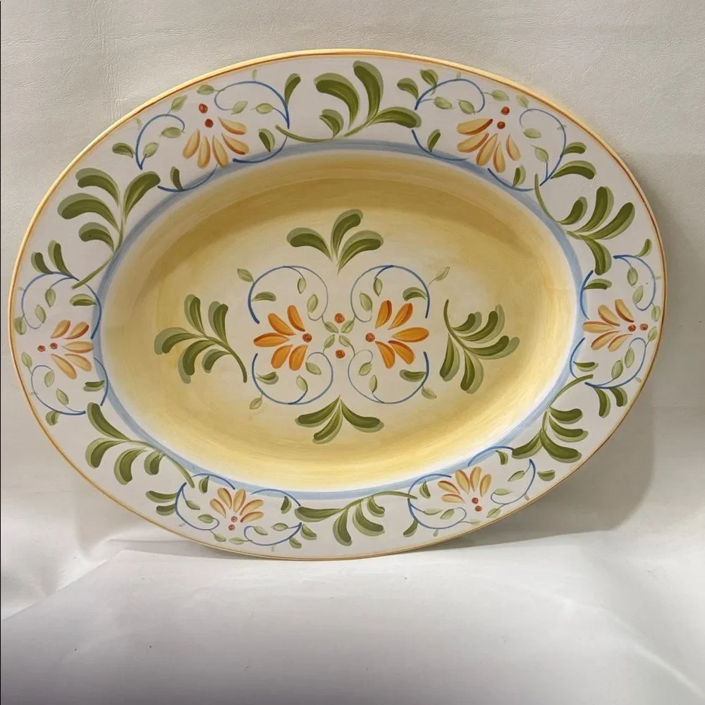 The Cellar Macy’s Handpaint Artisan Floral Oval Platter Green Orange 18 3/4 X 15